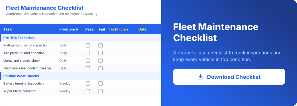 Downloadable fleet maintenance checklist to track inspections, maintenance tasks, and vehicle safety compliance.