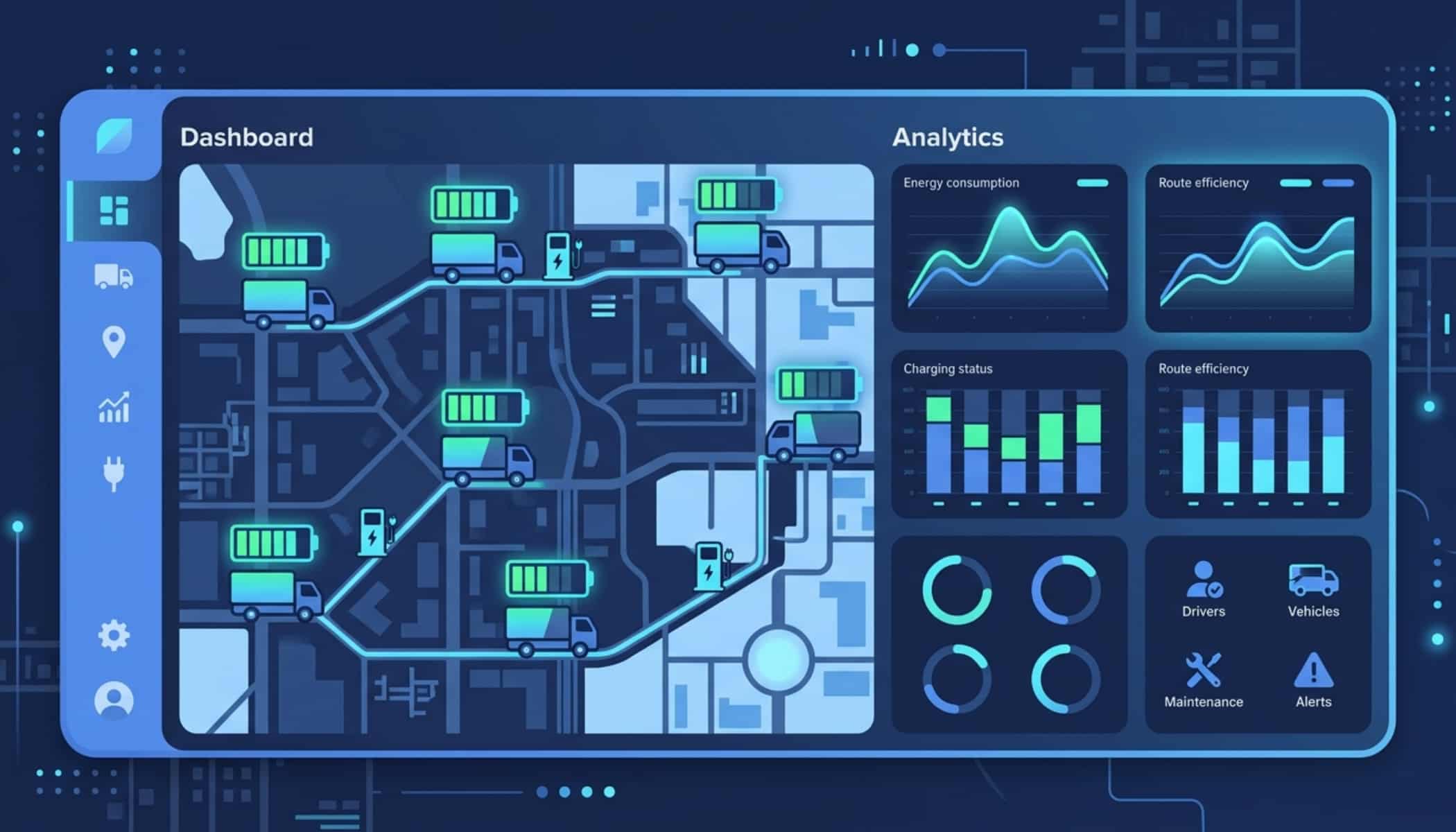 EV fleet management system tracking electric vehicles, battery levels, charging status, and route optimization.