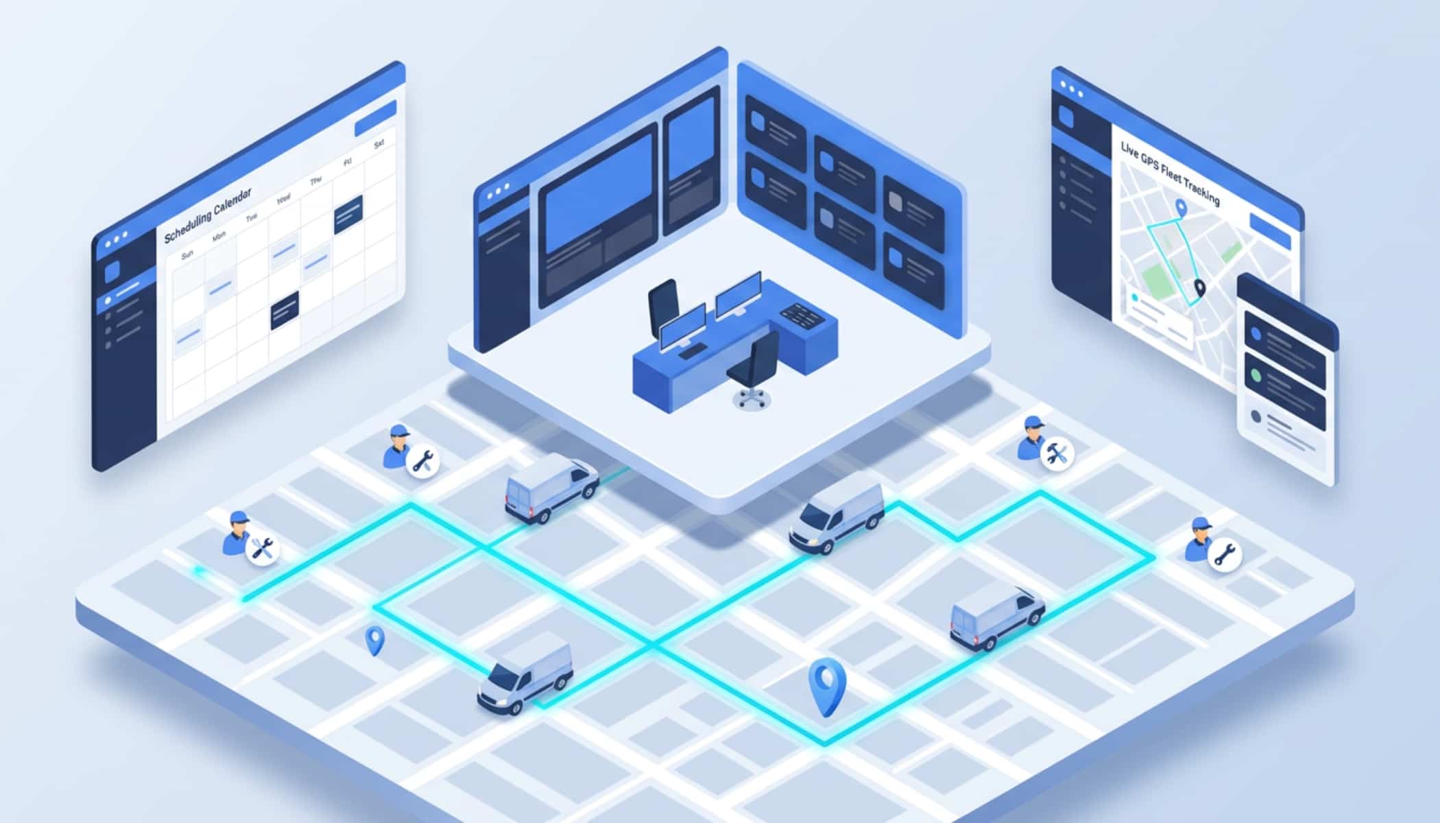 Field service automation platform managing technician scheduling, work orders, route optimization, and mobile updates.