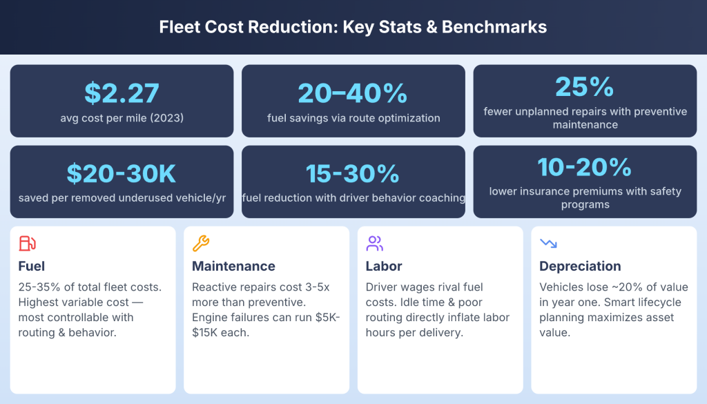 Reduce fleet costs using route optimization, fuel management, and preventive maintenance strategies.