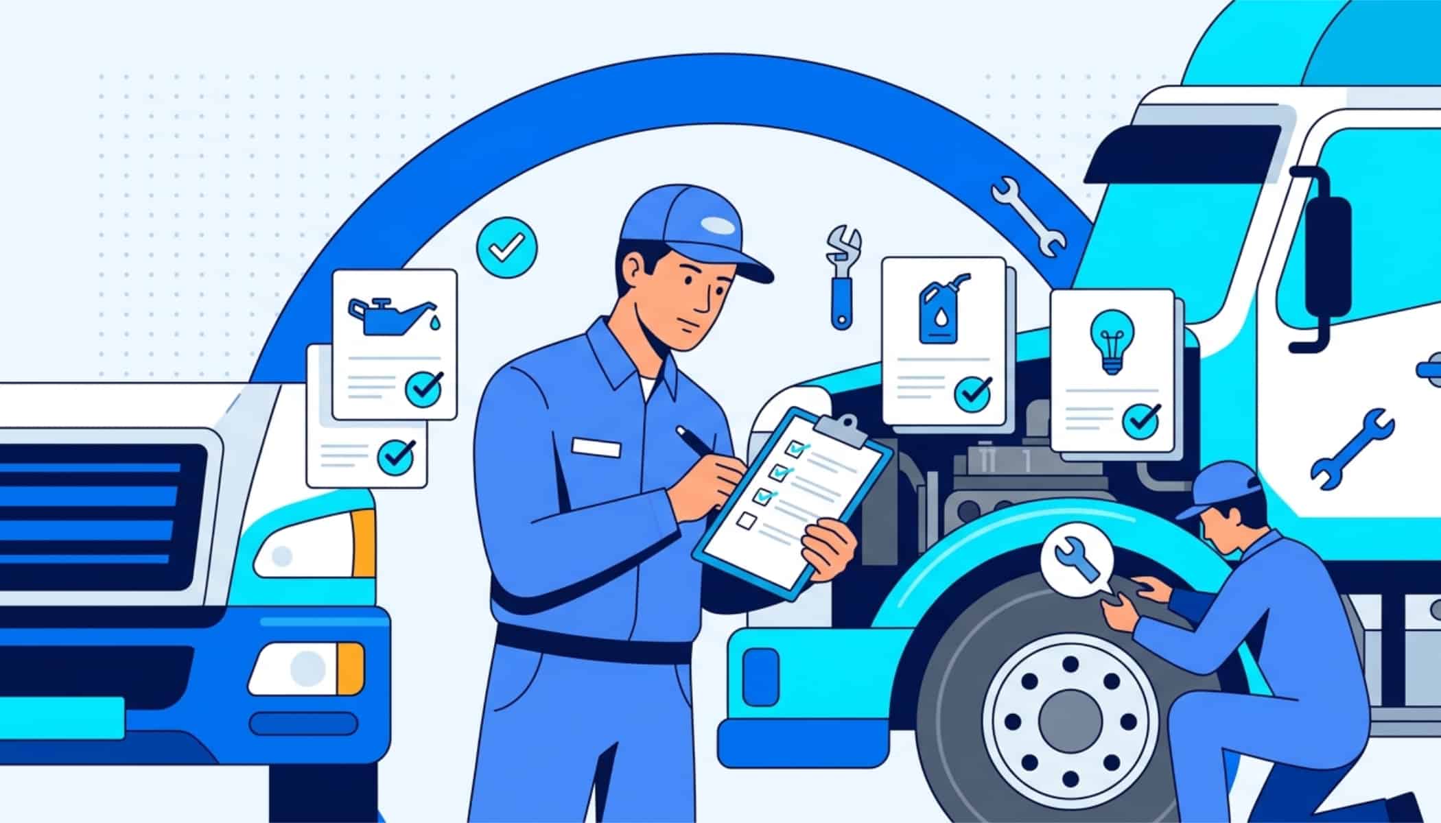 Fleet maintenance checklist covering vehicle inspections, oil changes, tire checks, and preventive maintenance tasks.