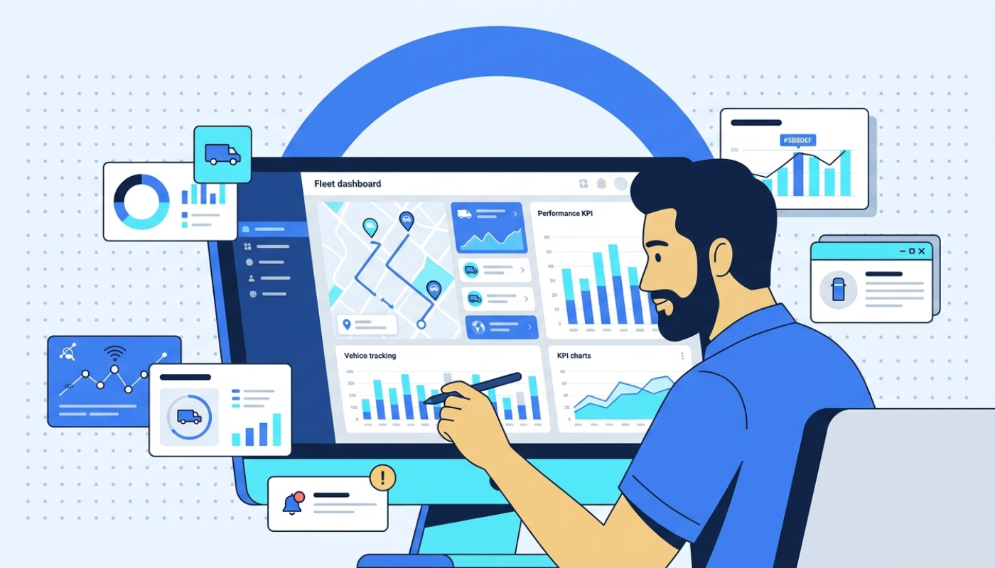 Fleet management dashboard with real-time KPIs, route maps, and performance charts