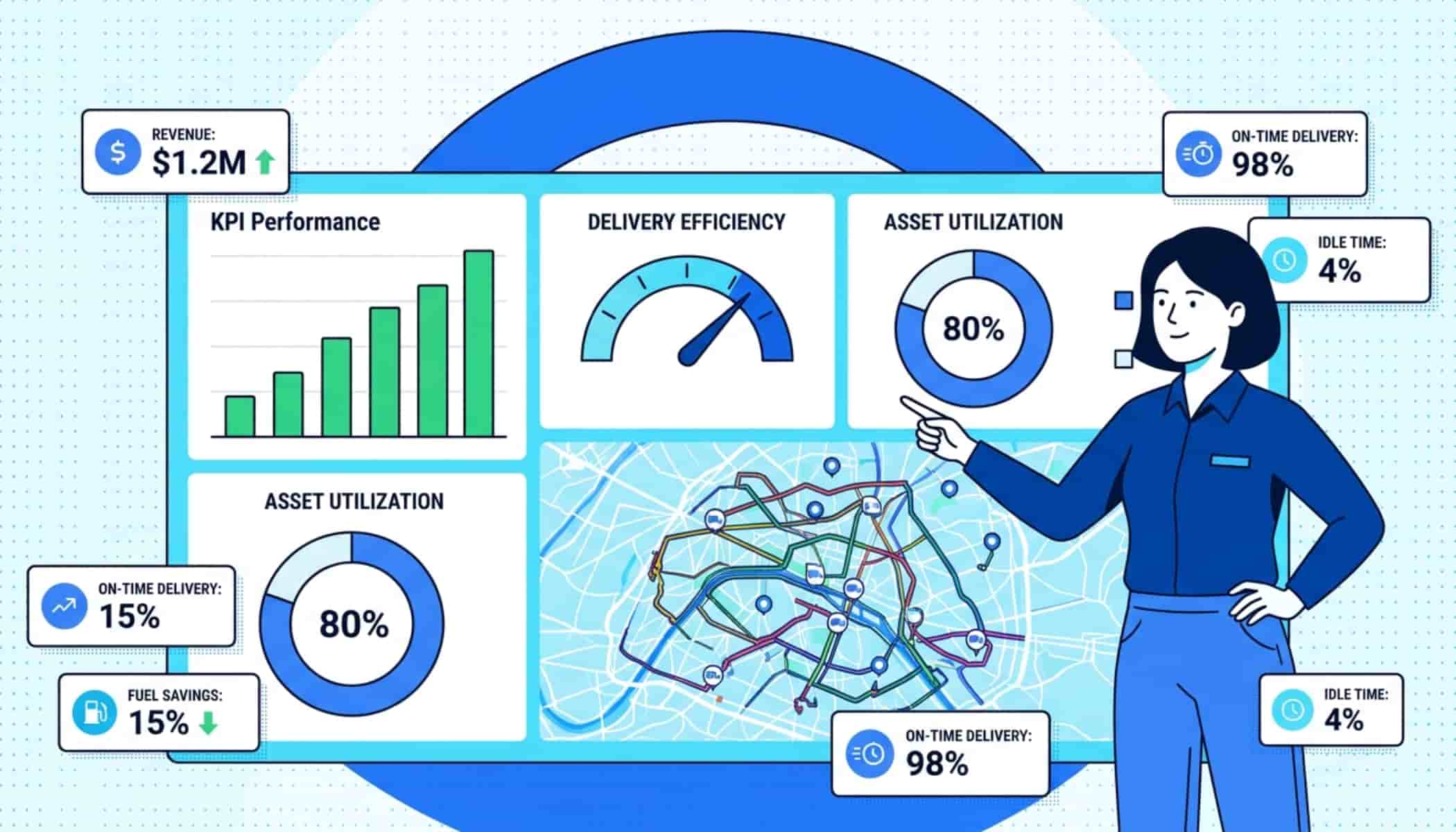 Fleet performance KPIs measuring key metrics like cost per mile, delivery efficiency, fuel usage, and driver safety.