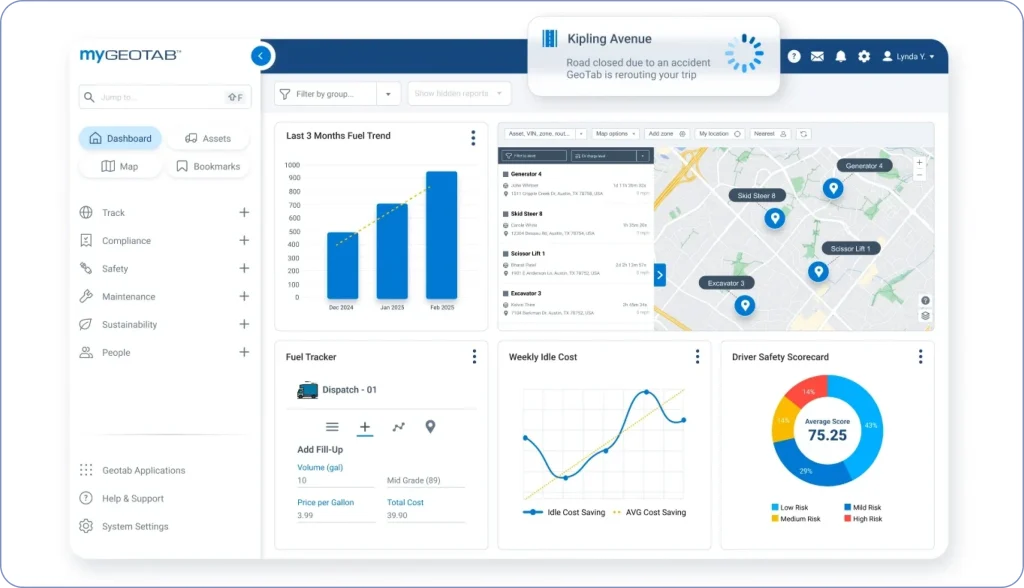 Geotab fleet management software with telematics, vehicle tracking, and compliance monitoring.