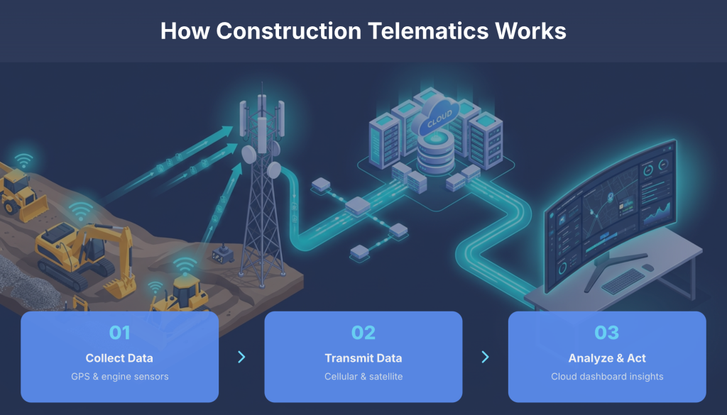 How construction telematics works using onboard sensors, GPS tracking, and cloud software to monitor heavy equipment.