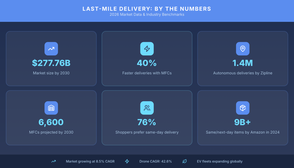 Last-mile delivery statistics highlighting market growth, demand increase, and delivery performance metrics.