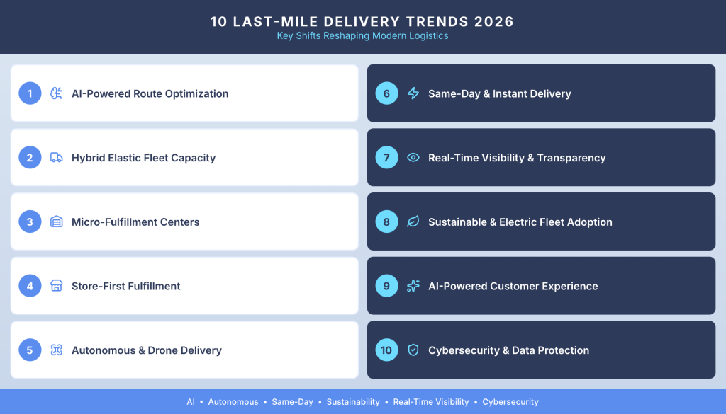 Key last-mile delivery trends such as AI route optimization, contactless delivery, and real-time tracking.