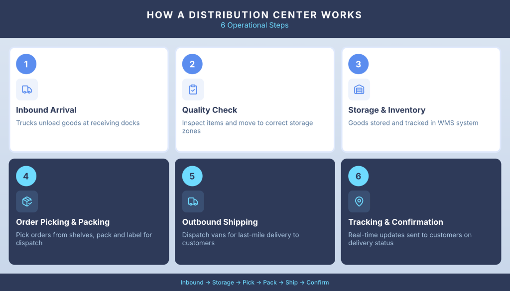 Operational steps of a distribution center including receiving goods, inventory storage, order picking, packing, and delivery dispatch.
