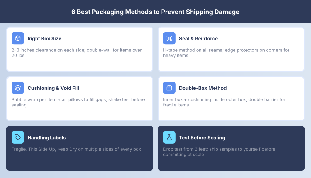Packaging techniques to prevent shipping damage using protective materials and secure sealing.