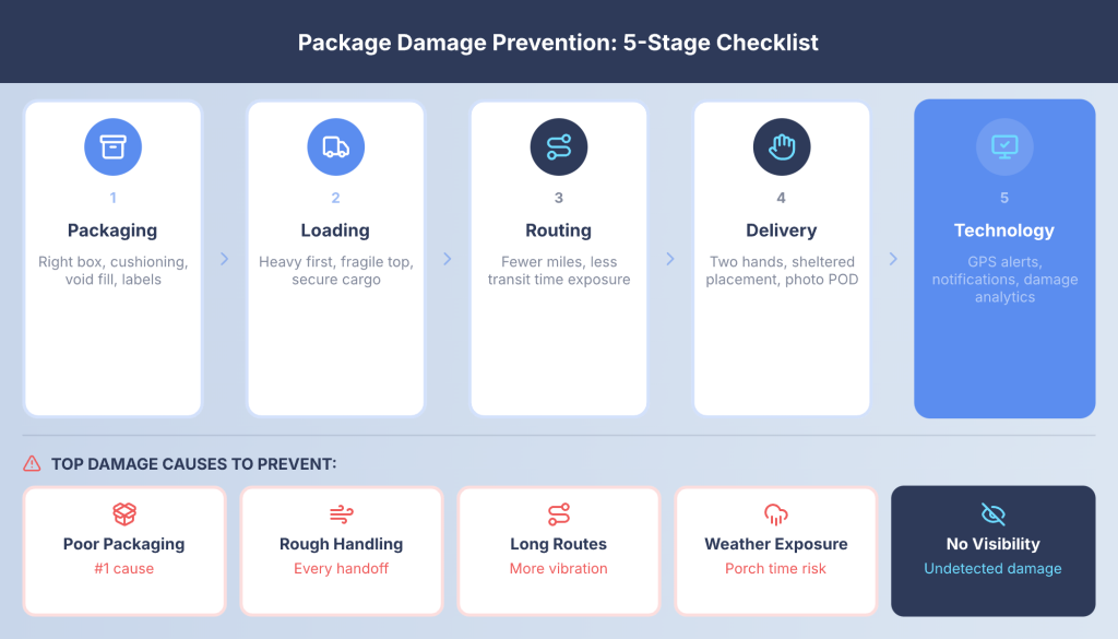 Checklist for delivery teams to prevent package damage during loading, transport, and final delivery.