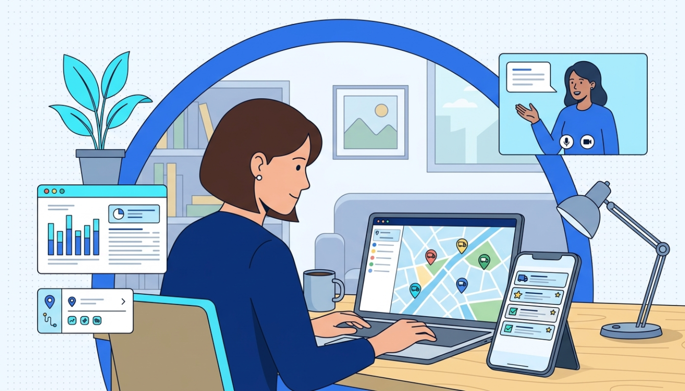 Remote fleet management showing manager monitoring vehicles from home office