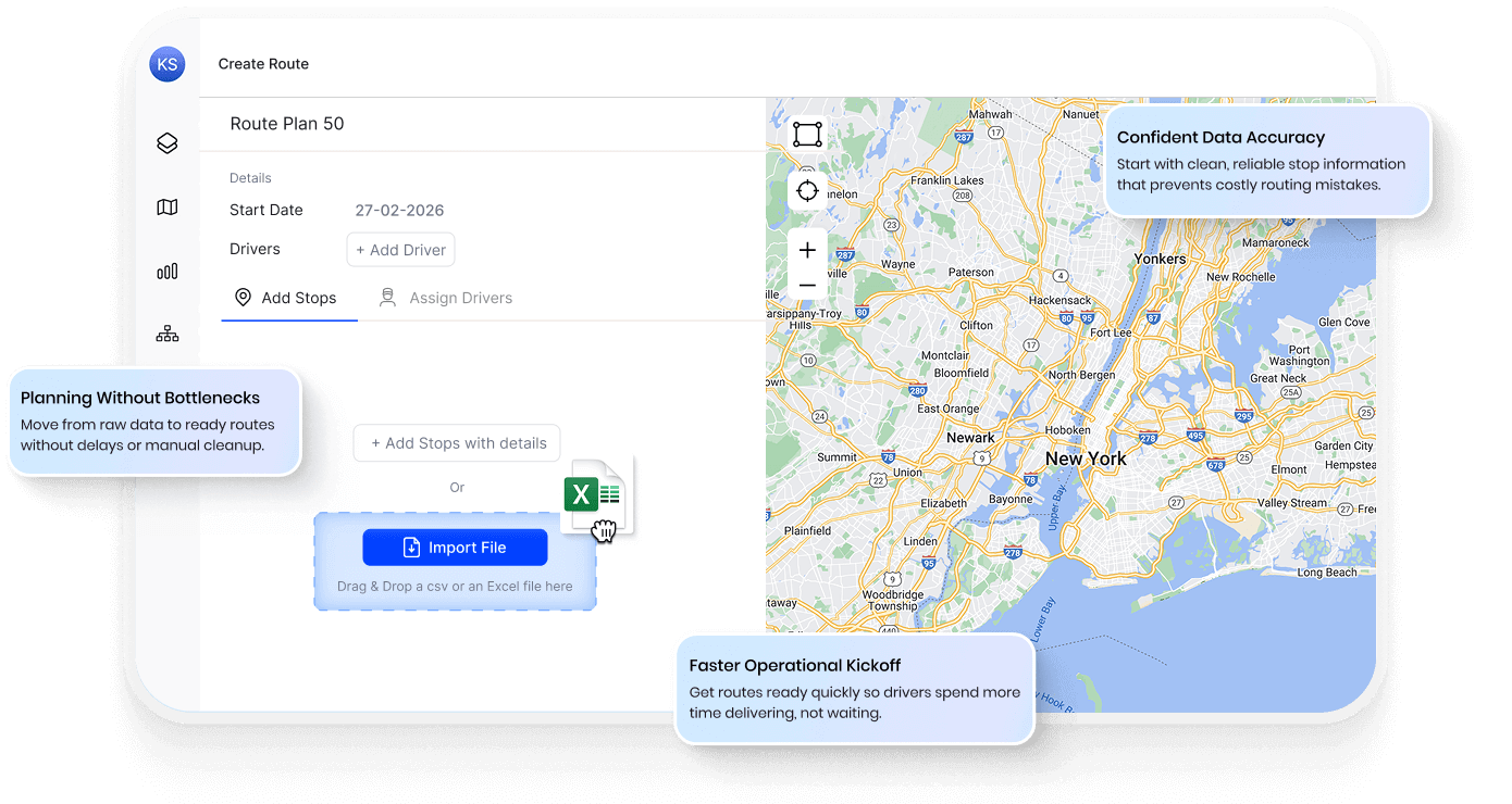 Upper route planner converting uploaded spreadsheet data into validated addresses and optimized delivery routes instantly.