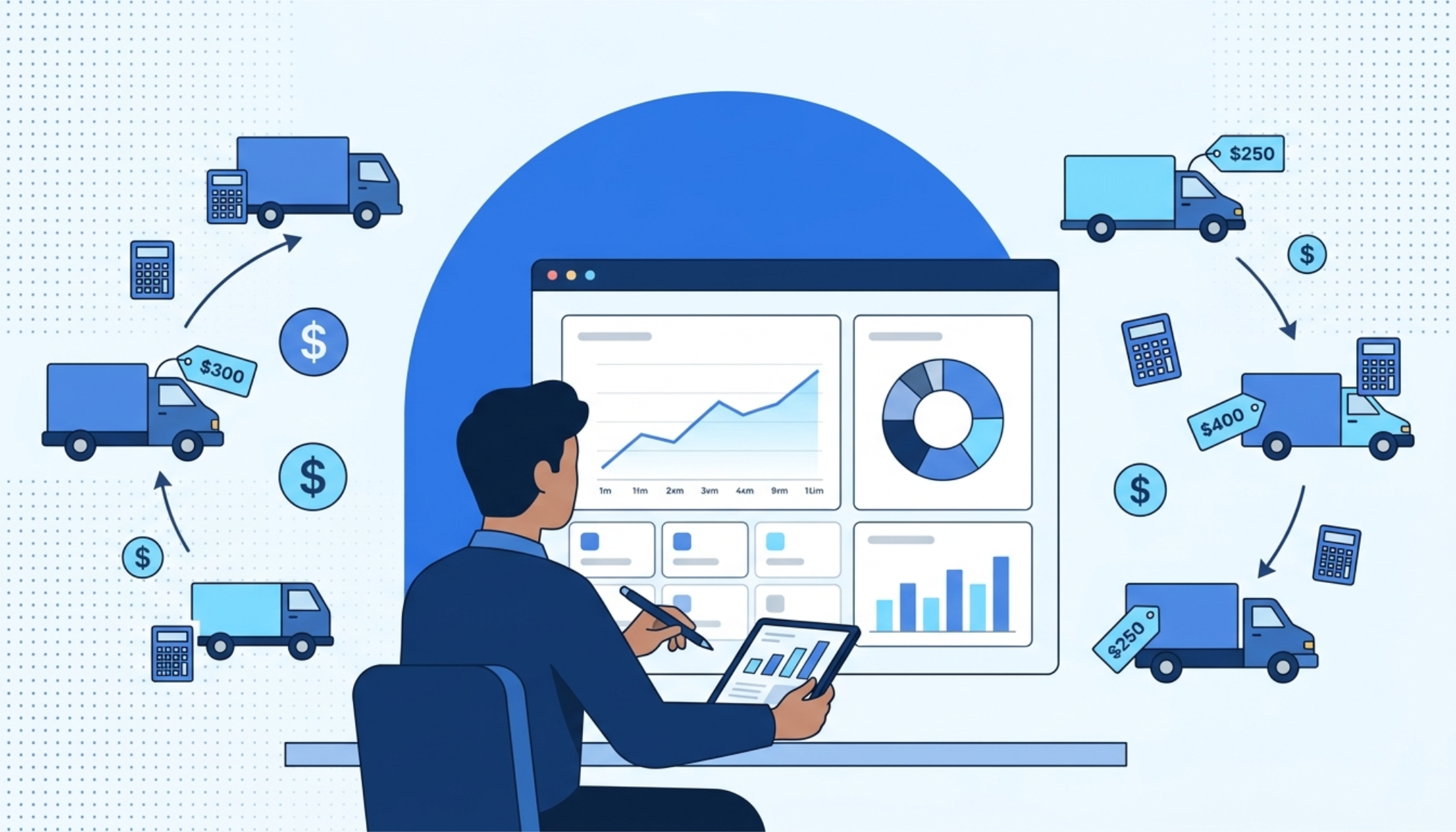Fleet total cost of ownership (TCO) management tracking all vehicle expenses such as fuel, repairs, insurance, and depreciation.