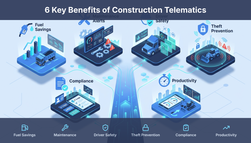 Construction telematics benefits such as reduced equipment downtime, improved safety, fuel savings, and real-time visibility.