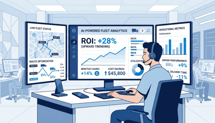 AI dispatcher ROI measuring reduced operational costs, faster dispatching, and improved delivery performance.