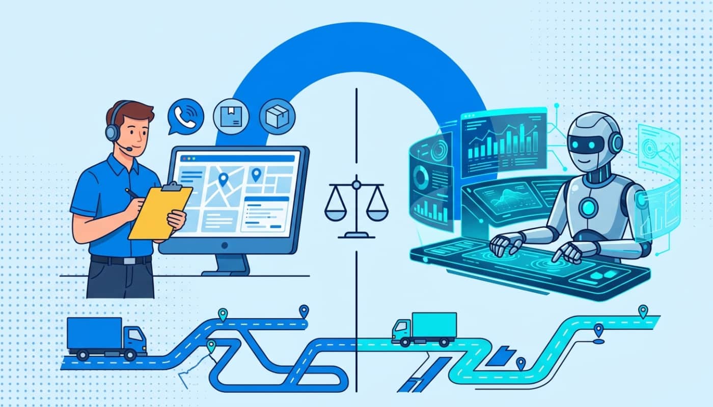 Human dispatcher with clipboard on left and AI robot at dashboard on right with balance scale between them and delivery trucks on route map