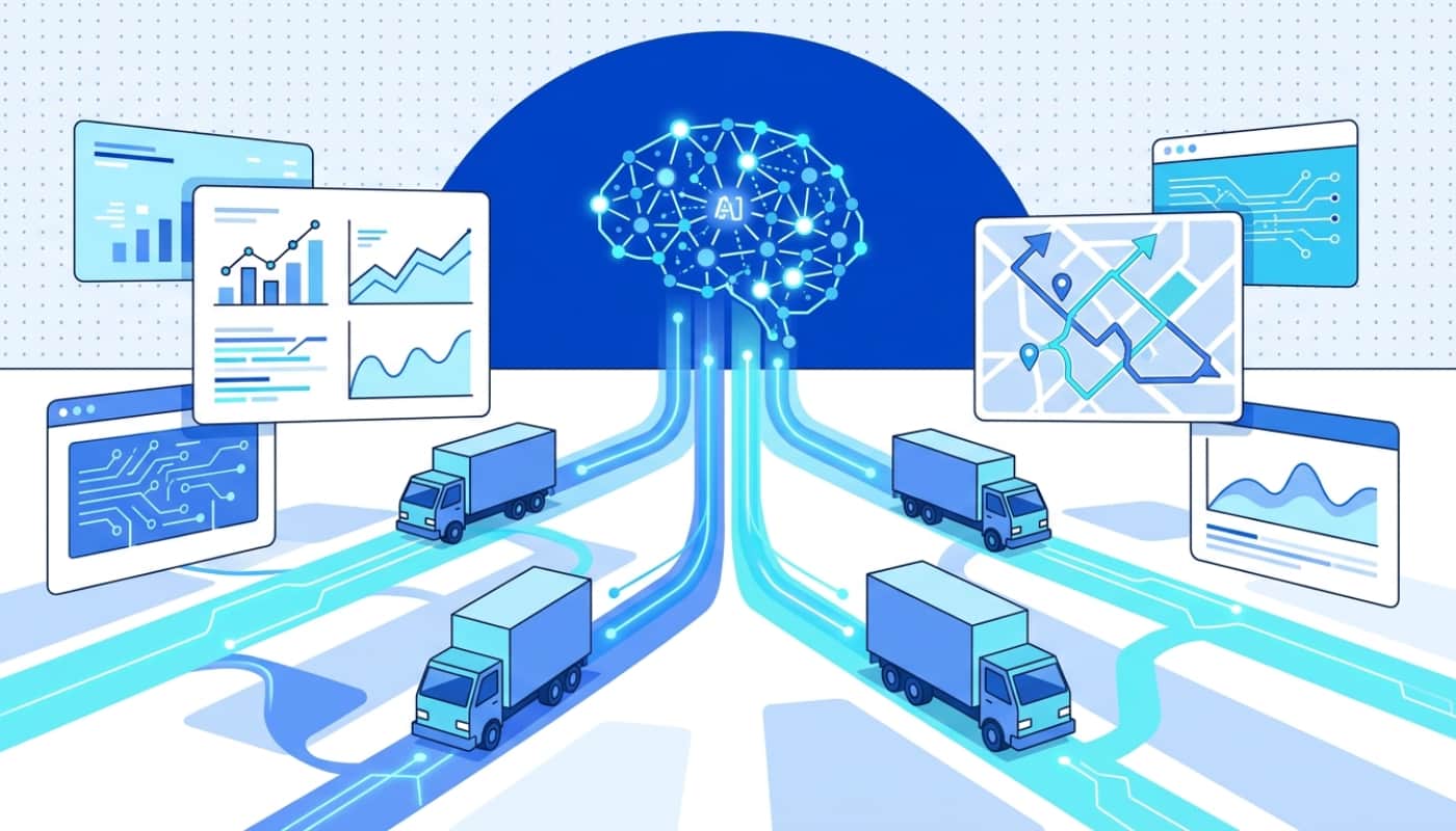 AI neural network brain connected to delivery trucks with data streams and predictive analytics cards