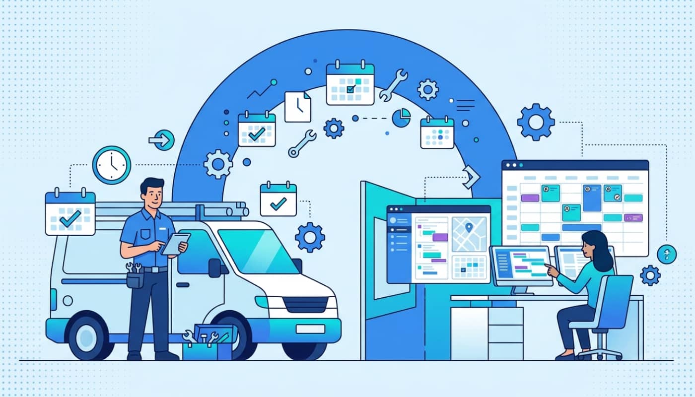 Field service technician with toolbox next to service van and dispatcher at scheduling dashboard with calendar and wrench icons floating