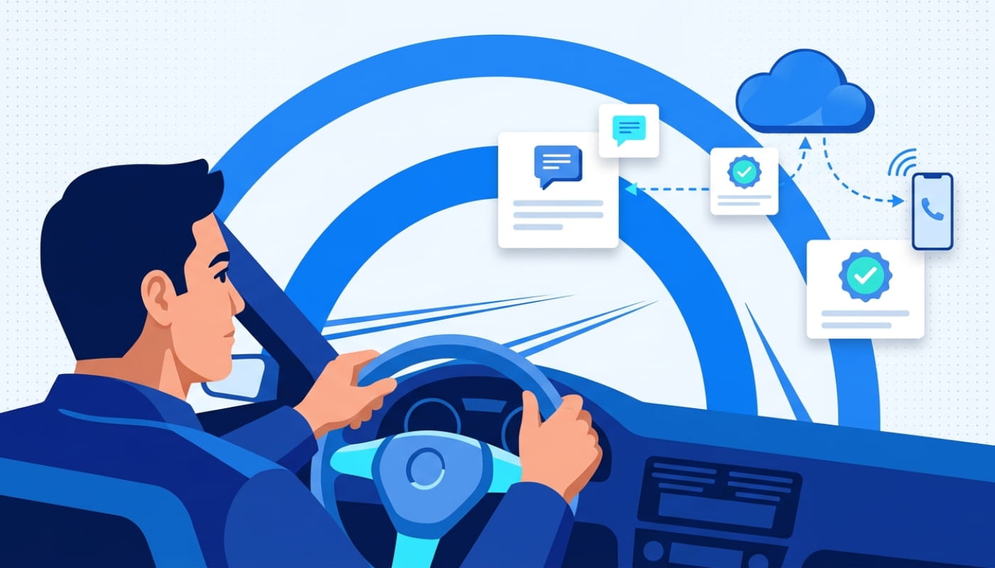 Delivery driver focused on road while automated system handles customer notifications