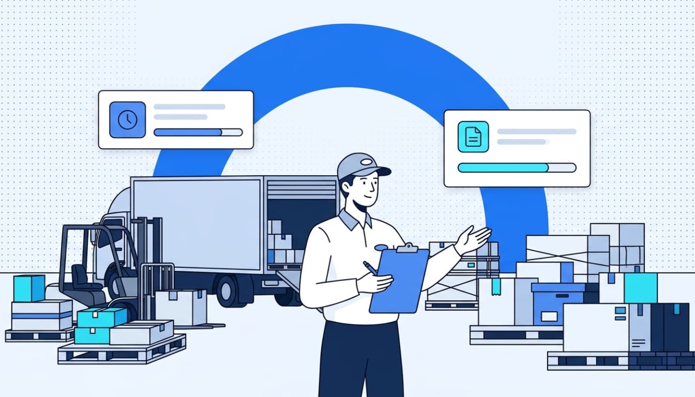 Delivery driver at commercial loading dock with clipboard and fleet truck for B2B delivery
