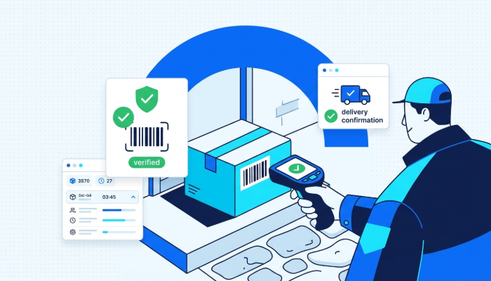 Delivery driver scanning barcode on package at customer doorstep with smartphone app