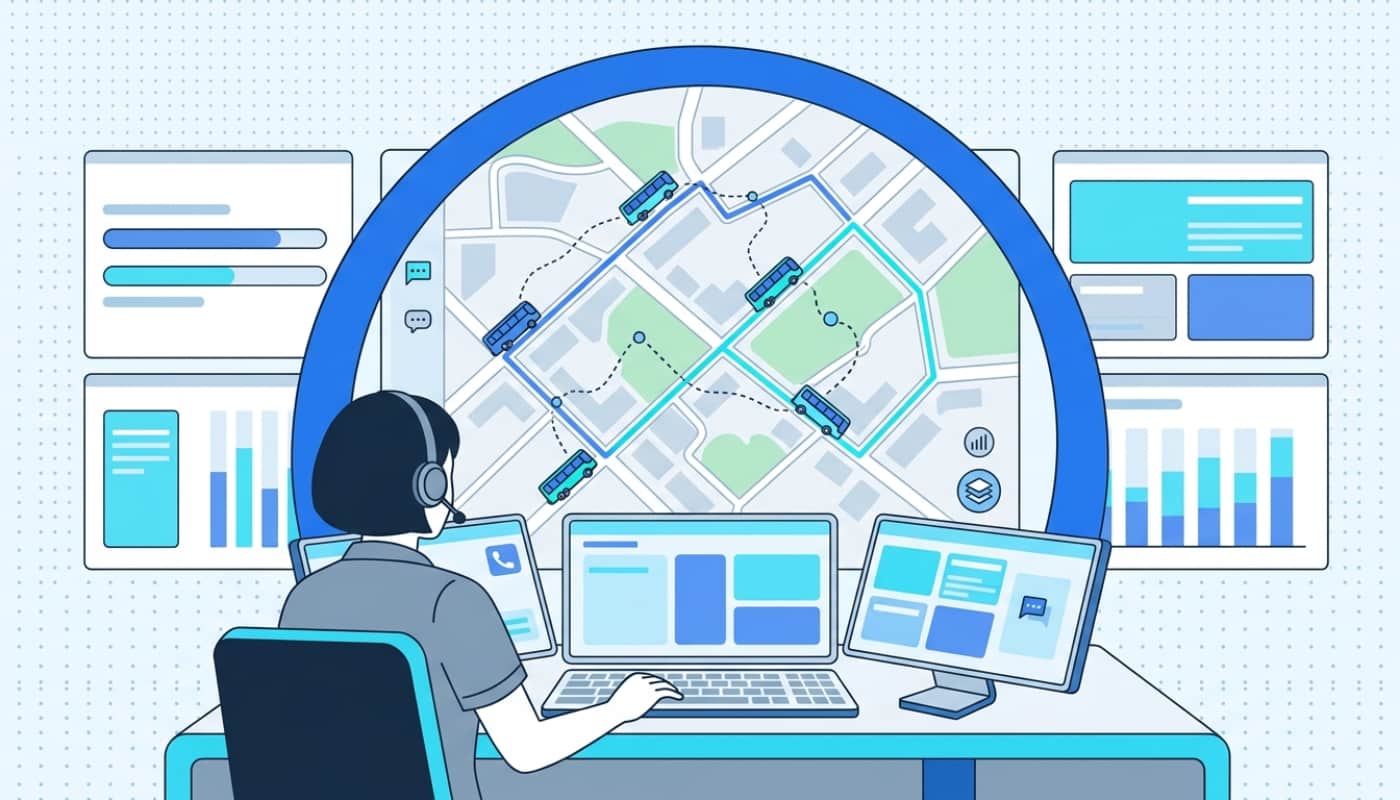 Dispatcher managing bus fleet from central dashboard showing bus locations on route map