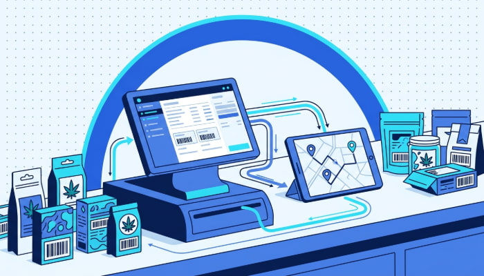 Dispensary POS terminal connected to delivery route optimization dashboard for cannabis operations