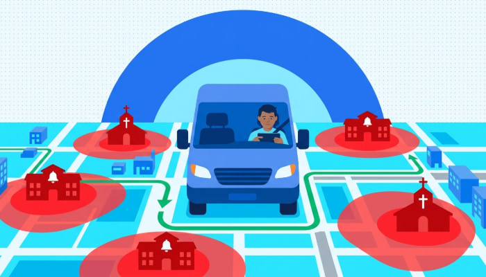 Delivery van navigating city map with red geofenced restricted zones around schools and churches