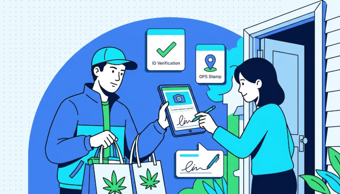 Cannabis delivery driver capturing electronic signature and ID verification at customer doorstep