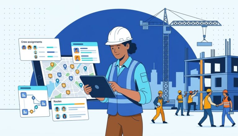 Construction site manager reviewing crew scheduling dashboard on tablet with workers and crane