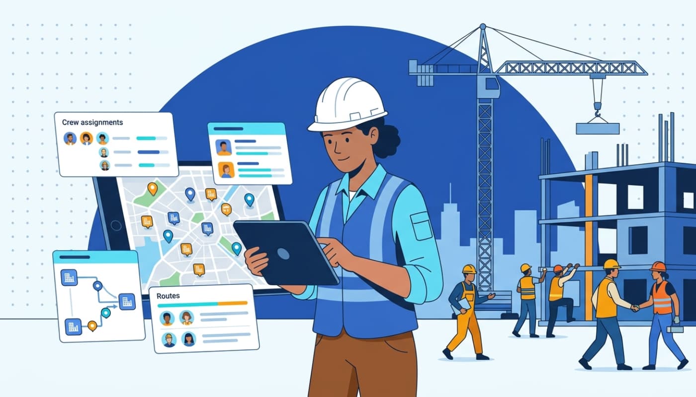 Construction site manager reviewing crew scheduling dashboard on tablet with workers and crane