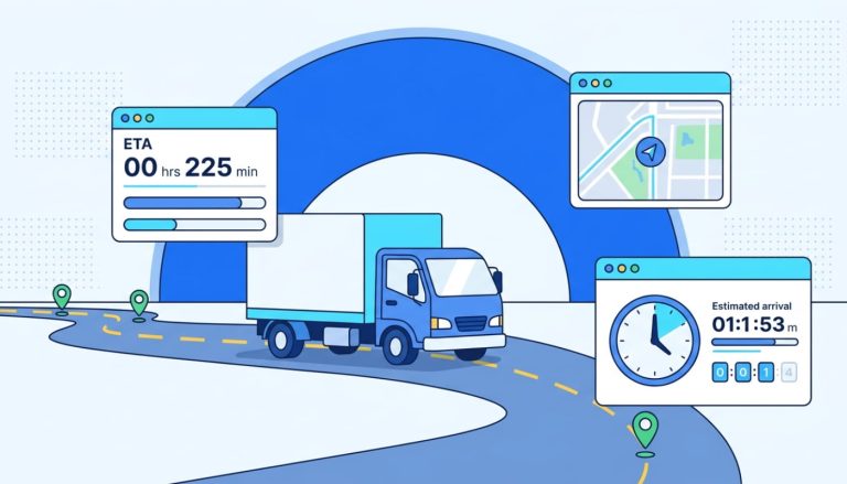 Delivery truck with clock timer and route map showing estimated time of arrival calculation