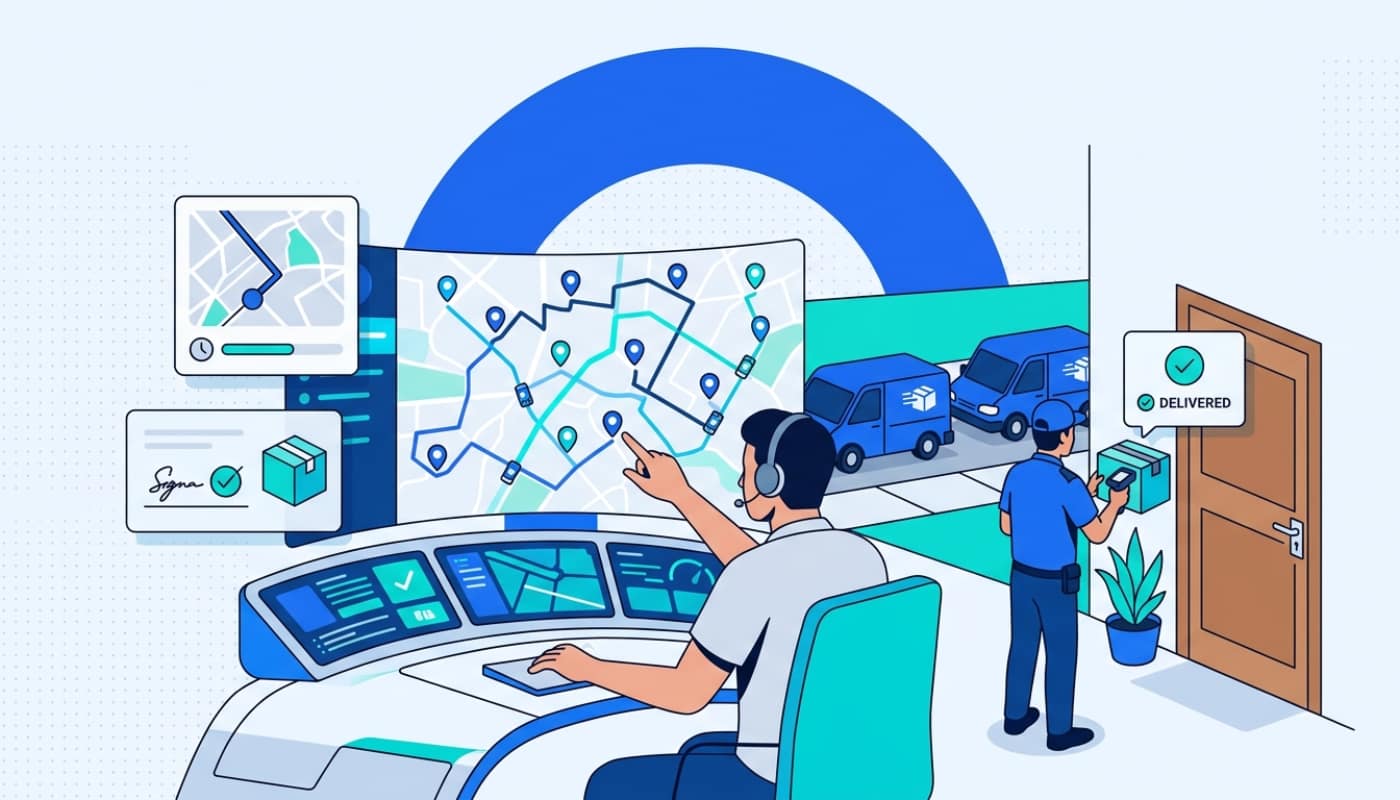 Delivery fleet manager coordinating vehicles and routes from central dashboard with live tracking