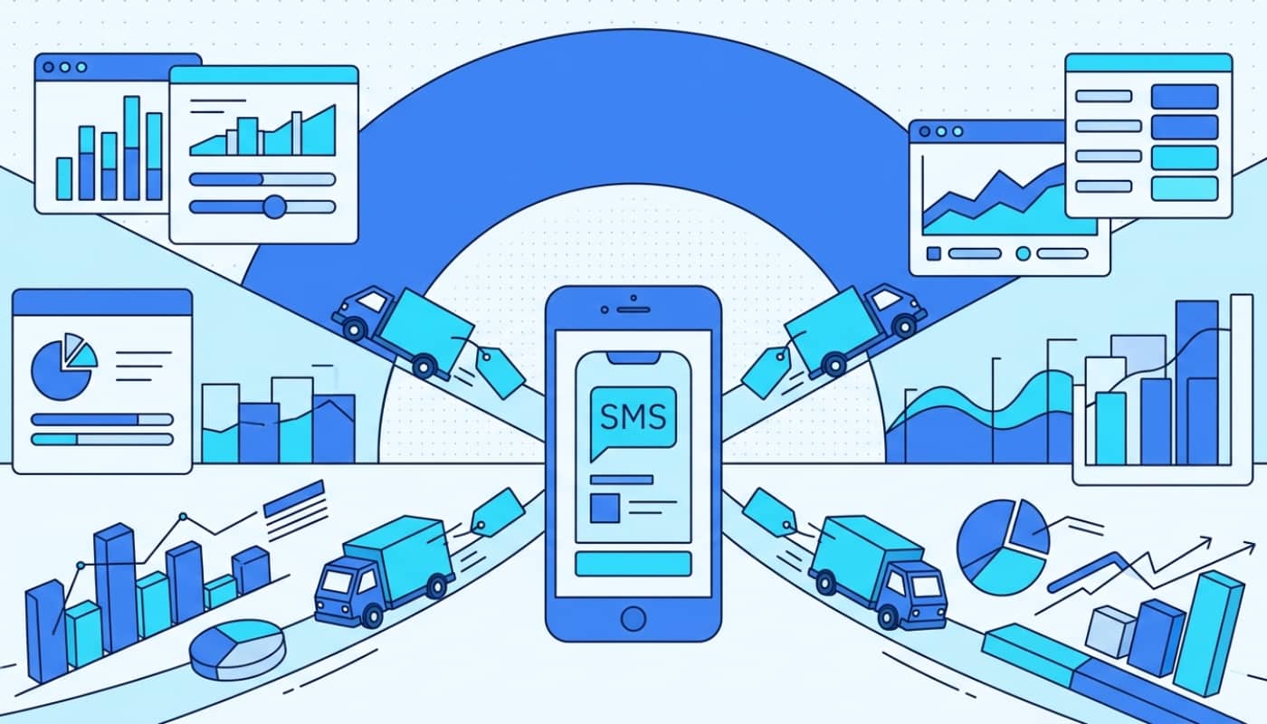 Smartphone showing delivery SMS notification with pricing indicators and delivery trucks