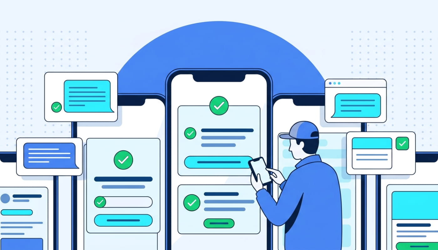 Multiple smartphone screens showing delivery notification SMS templates and message layouts