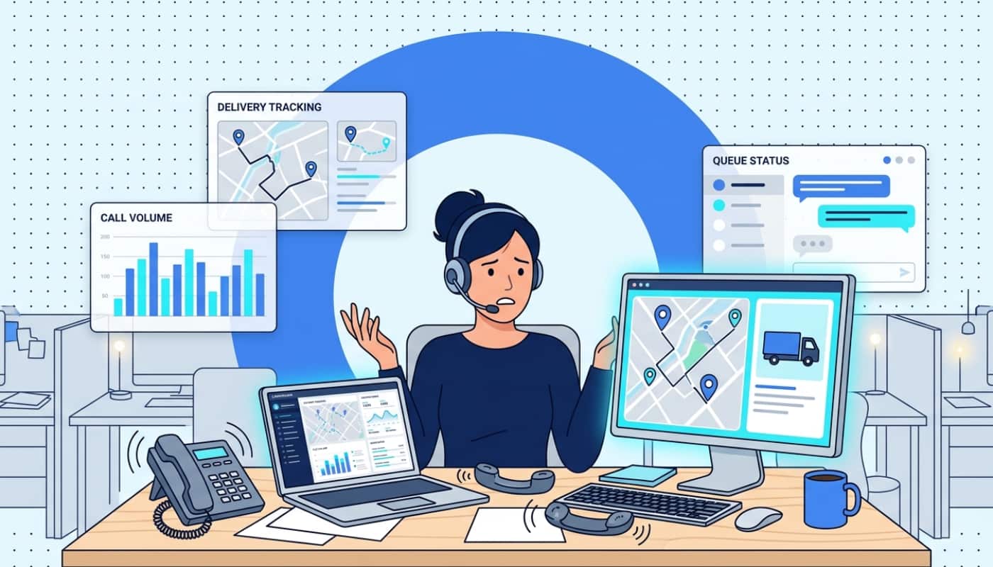 Customer service agent at desk overwhelmed by delivery status calls and tracking dashboards
