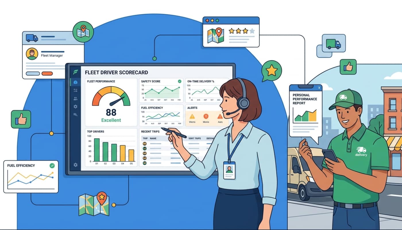 Fleet manager reviewing driver scorecard dashboard with delivery driver checking route compliance
