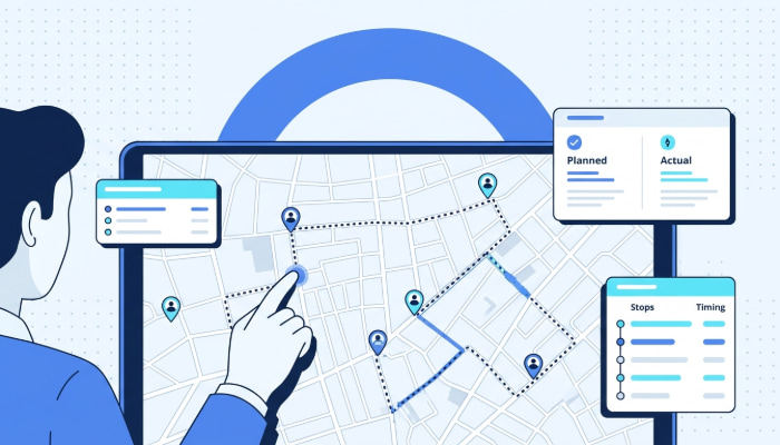 Fleet manager reviewing GPS breadcrumb trail on monitor to verify driver routes