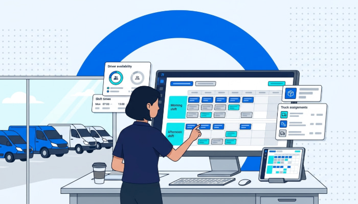 driver-shift-management-small-fleet.png | Fleet manager scheduling driver shifts on digital dashboard with delivery vans