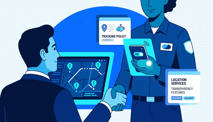 Fleet manager reviewing GPS tracking gaps on dashboard with driver privacy concept