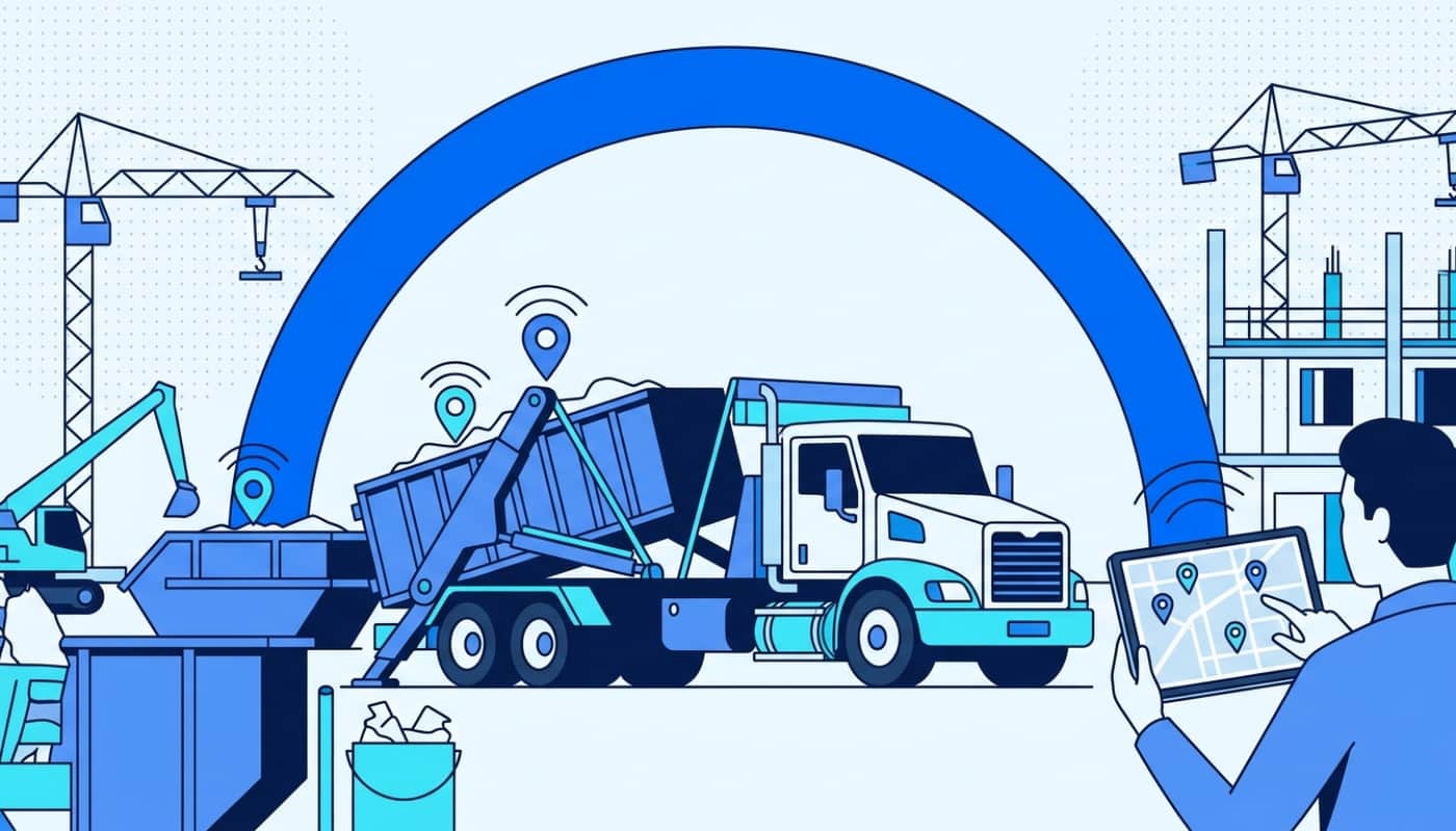 Waste hauler truck with GPS-tracked dumpsters at construction site and dispatcher viewing map on tablet