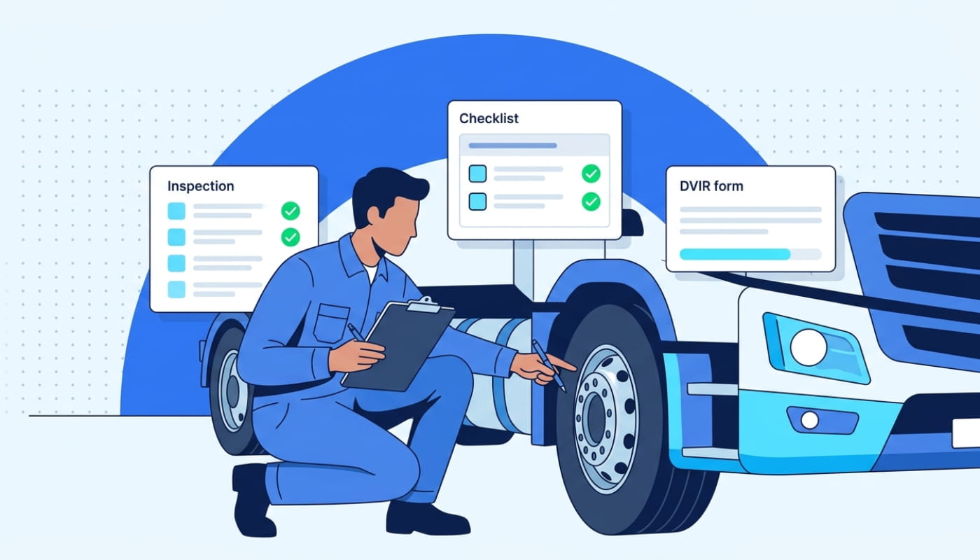 Truck driver performing walk-around vehicle inspection with clipboard and floating DVIR checklist cards
