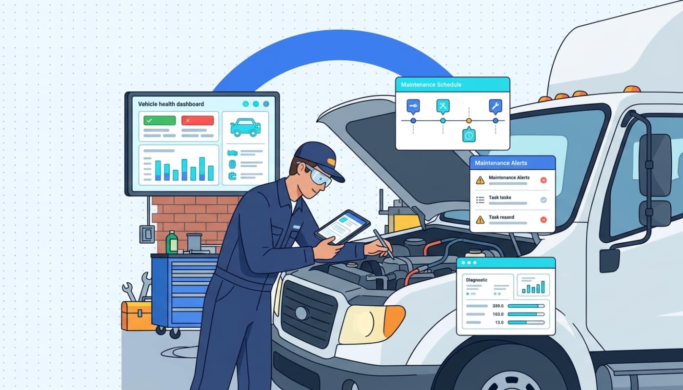 Fleet mechanic inspecting truck engine while logging findings on tablet with health dashboard