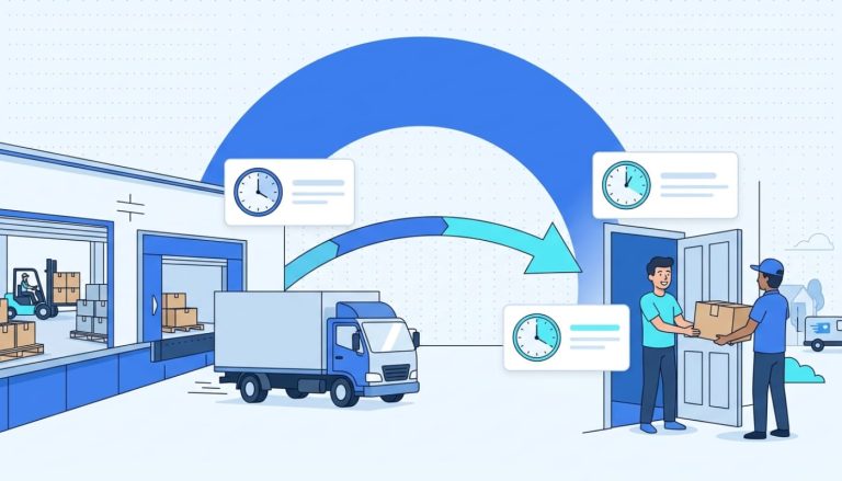 Split scene showing warehouse departure and customer delivery illustrating ETA versus ETD difference