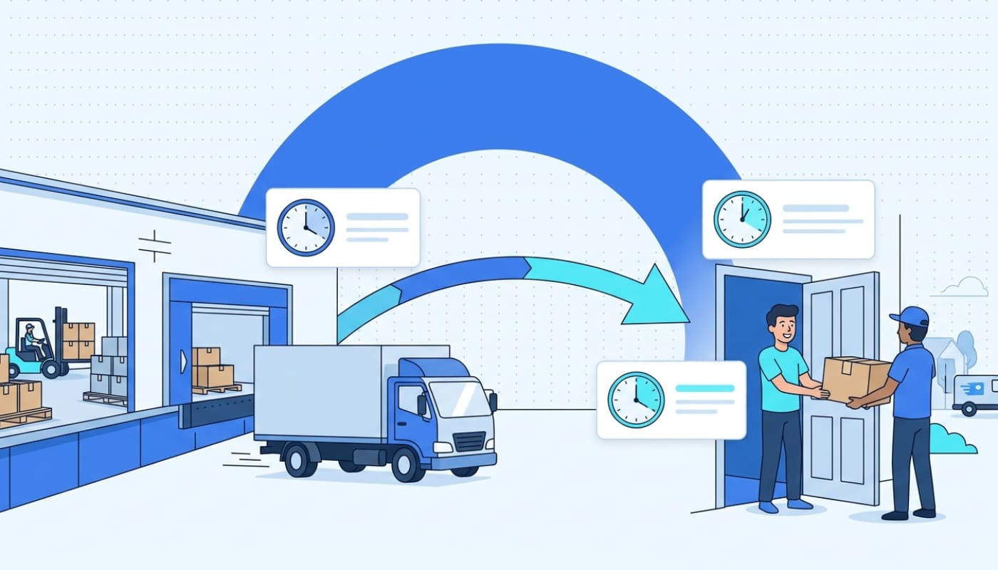 Split scene showing warehouse departure and customer delivery illustrating ETA versus ETD difference