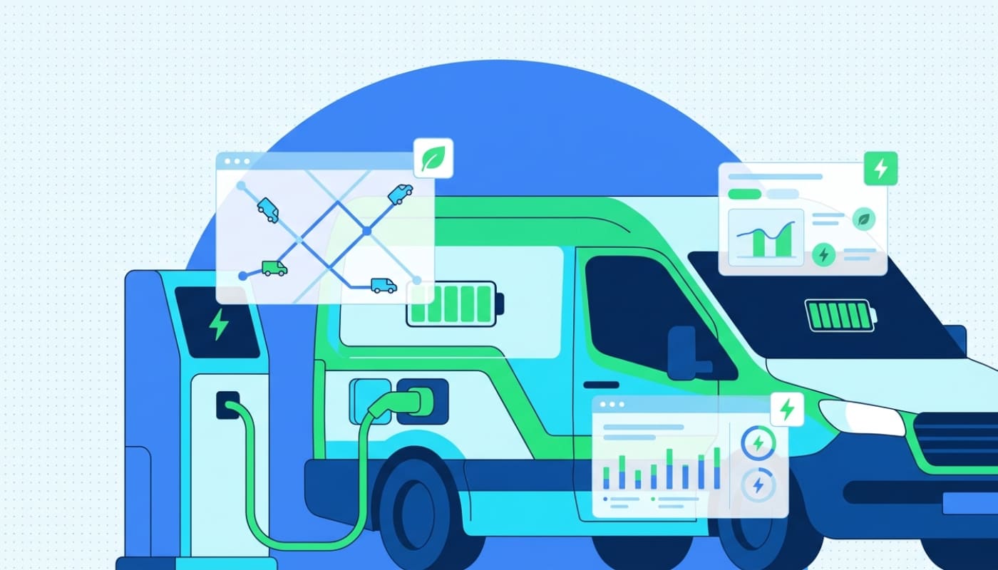 Electric delivery van at depot charging station with battery indicator and energy metrics dashboard