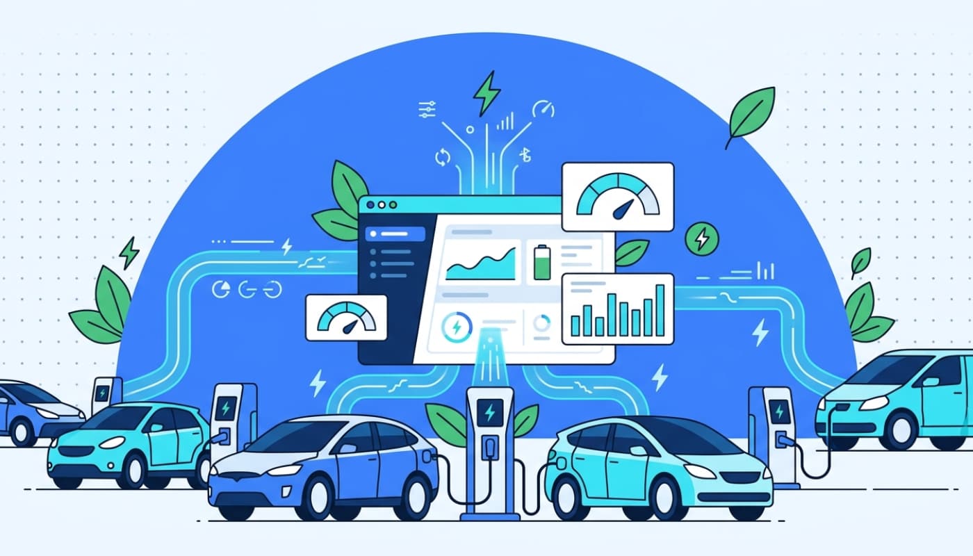 Electric vehicle fleet with charging stations and telematics data streams flowing to central dashboard