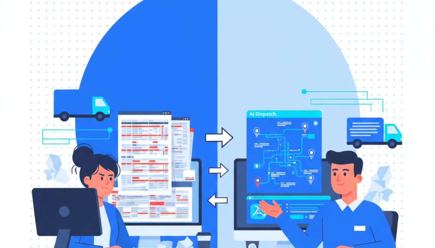 Split scene comparing frustrated dispatcher with messy spreadsheet versus confident dispatcher using AI dispatch dashboard