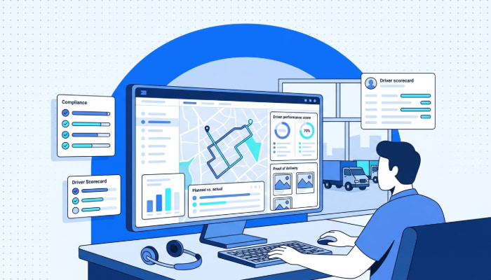 Fleet dispatcher viewing driver accountability dashboard with route compliance metrics
