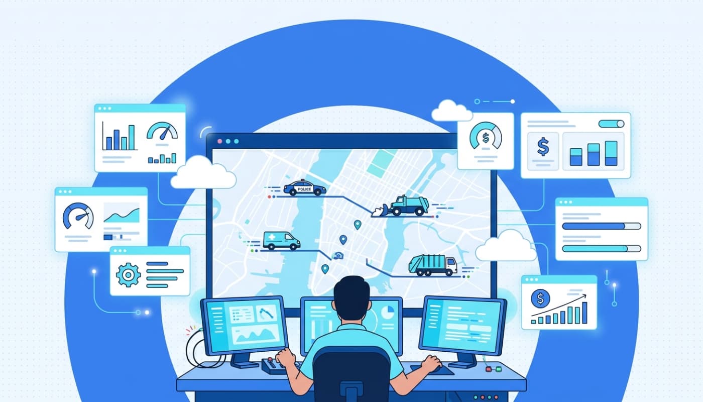 Government fleet operations center with dispatcher managing municipal vehicles on city map screen